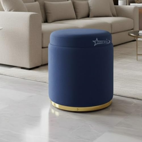 Image of Velvet Round Single Strip Ottoman Office Stool Foot Rest Stool Velvet Fabric Padded Seat Pouf Ottoman 16 X 16X 19 inch, in Round Shape for Living Room Blue