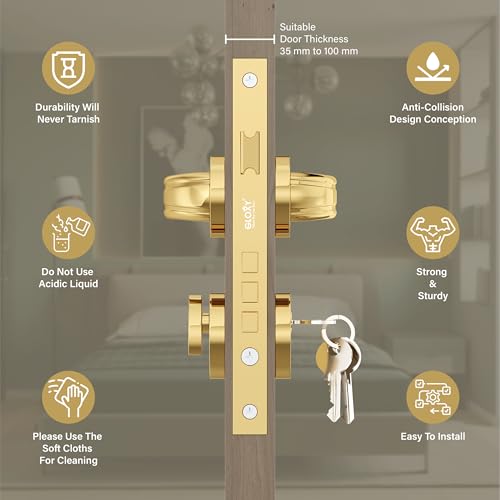 Image of GLOXY Mortise Door Locks for Main Door, Main Door Lock, Left & Right Door Compatibility Door Lockset with 3 Key Lock Body & Cylinder for Kitchen | Gold Finish (2 Years Warranty, Pack of 1)