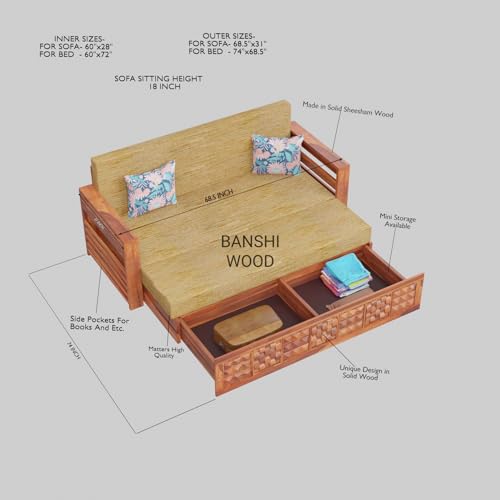 Image of BWF Heritage Sheesham Wood 3 Seater Sofa Cum Convertable Double Bed with Under Storage Unit | Extandable Arm Rest for Cofee /Tea Cup for Home and Office | BHsf - 02 (Natural Finish, 3D Carved)