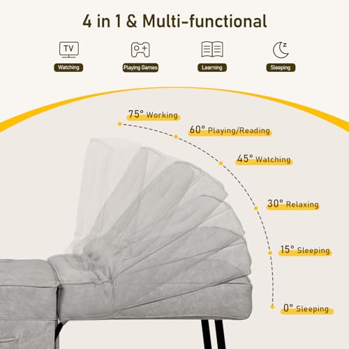 Sleeper Ottoman Bed Chair, 4 in 1 Folding Ottoman Chair Bed with Adjustable Backrest & Pillow, Multi-Function Futon Couch No Assembly for Small Space Living Room Apartment Office, 28\"Width Light Grey