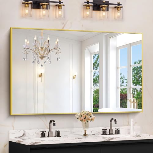 Image of COFENY Gold Bathroom Mirror for Wall, 60x36 Inch Rectangle Mirrors with Metal Frame, Modern Vanity Wall Mirror Decor for Bathroom Living Room, Entryway Hangs Horizontal or Vertical