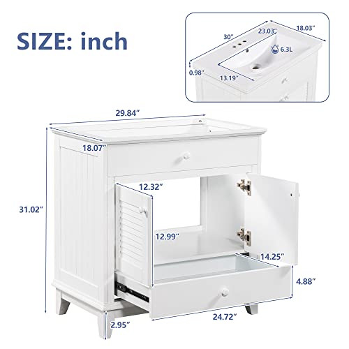 30 Inch Bathroom Vanity Base Only, Storage Cabinet With Doors And Drawer, Solid Wood Frame, White #TOP5