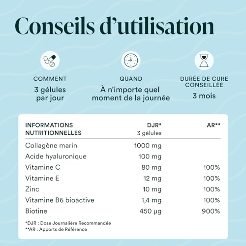 NOVOMA Collagène Marin + Acide Hyaluronique, 1000 mg de Collagene Pur Hydrolysé Type 1 & 3, Avec Vitamine C, Zinc et Biotine, Beauté de la Peau, Cheveux et Ongles, 90 gélules – Image 6