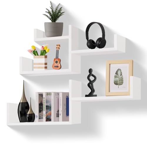 TOSCALETTI Wandregal Weiß Set von 5 Schweberegal für Wanddekoration Kleines Floating Regal Wand für DIY Display Holz Hängeregal für Schlafzimmer, Küche, Badezimmer, Wohnzimmer Farbe Weiß Montiert TOSCALETTI Wandregal Weiß Set von 5 Schweberegal für Wanddekoration Kleines Floating Regal Wand für DIY Display Holz Hängeregal für Schlafzimmer, Küche, Badezimmer, Wohnzimmer Farbe Weiß Montiert