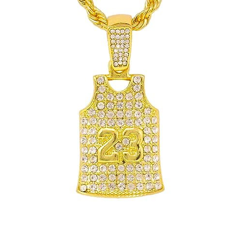 Iced Simulated Diamond 14K Gold Plated Basketball 23 Jersey & LEGEND Pendant & 4mm 24" Rope Chain Hip Hop Jewelry Fashion Necklace Gift Set3