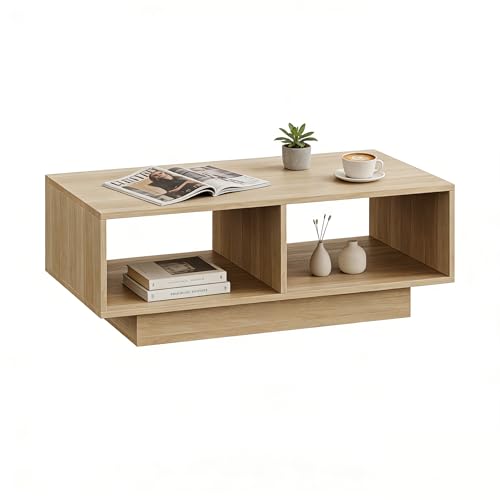 SHOWHA Mesa de centro de roble claro, mesa central de té para salón, moderna y elegante, mesa de café rectangular con 2 compartimentos abiertos, mesa auxiliar rectangular, mesa de sofá, para