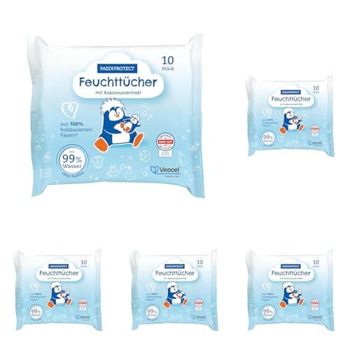 PAEDIPROTECT Toallitas húmedas 1 x 10 unidades, toallitas sensibles al agua para bebés con 99% de agua sin fragancias, para la delicada piel del bebé y los niños, con extracto de coco, sin