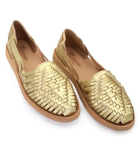 Macarena Collection Sandales Huarache en cuir coloré style mexicain couleur or 4150, Beige avec couleur noire, 35.5 EU