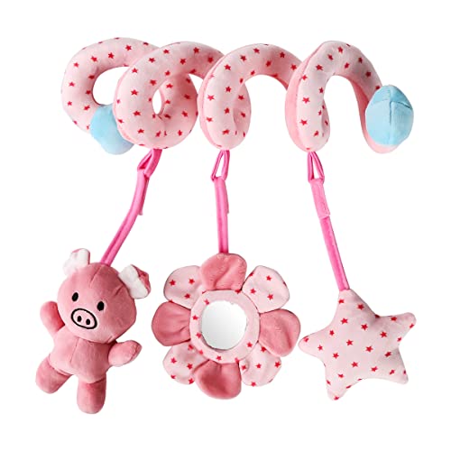 Image of Ymeibe Baby Car Seat Toys, Infant Activity Spiral Plush Toys Hanging Stroller Toys for Baby Girl and Boy with Musical Sheep Rattles with Distorting Mirror (Pink Pig)