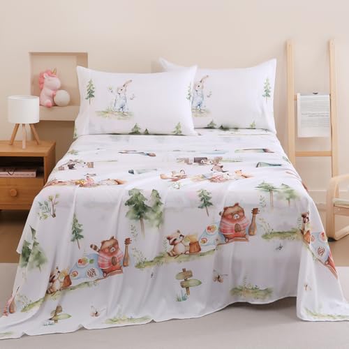Yibeizi Camper Themed Sheet Set Twin, Kids Woodland Animals Print Bedsheets Microfiber Deep Pocket Cute Patterned Bed Sheet & Pillowcase Sets 3 Pieces