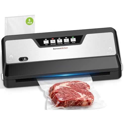 Bonsenkitchen Vacuum Sealer Machine, Built-in Cutter | Bag Storage, Multifunctional Food Sealer for Sous Vide & Meal Prep, 1 Roll Bag & 5 Pre-Cut Bags, Black-Stainless Steel Stainless Steel
