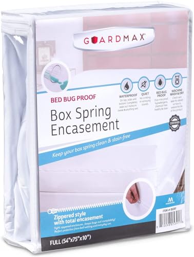 Guardmax Premium Box Spring Cover - Full Size Waterproof and Bed Bug Proof Zippered Box Spring Encasement - 6 Side Absorbent Boxspring Protects Against Bed Bugs Dust Mites Dirt Spills and Stains.