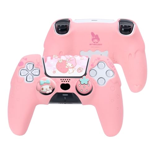Image of Kuitmor Silicone PS5 Controller Cover Skin Set, Anti-Slip Soft Protective Case for PS5 Wireless Controller with 2 Thumb Grip Caps and 1 Sticker (Pink Melody)