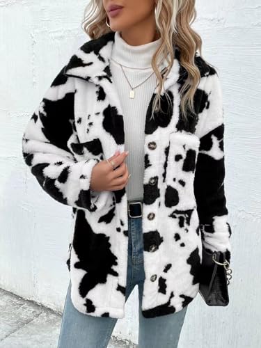 HBER Women's Casual Faux Fur Jacket Trendy Long Sleeve Button Up Cow Print Autumn Winter Loose Sherpa Fur Coats with Pockets3