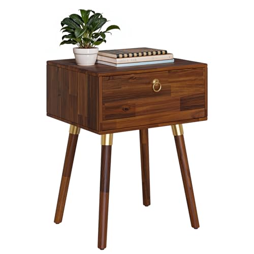 Image of Bme Caden Solid Wood Nightstand /Side Table /End Table, Fully Assembled, with 1-Drawer for Mid Century Bedroom and Living Room, Dark Chocolate