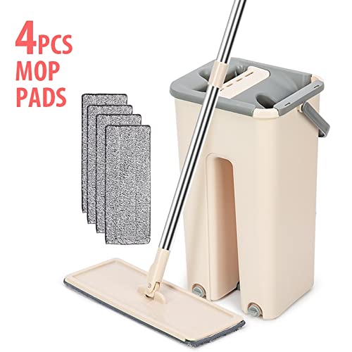 fregona Trapeador Plano con cubeta de Manos Libres de Limpieza de Piso con mopa de Microfibra de Cubo Mojado y seco Squereez Limpieza Limpieza mop (Color : with 4mop Cloth-Y)