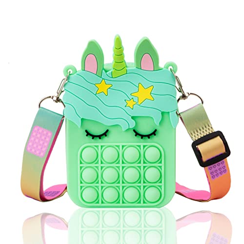 Borso Pop Push It, Bolso Popit Fidget Toy, 2 en 1 Bolsa de Mensajero de Mano, Antiestres Pop It Bolso para Niñas Muchacha Adultos (Verde Claro Unicorn) Cover
