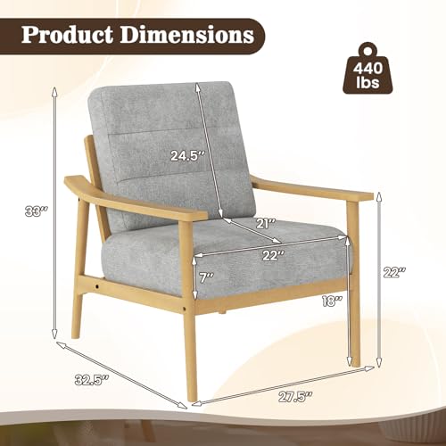 Image of Giantex Mid Century Modern Accent Chair, Max Load 440 LBS Upholstered Living Room Chair with Rubber Wood Armrests & Legs, Removable Back Cushion, Comfy Reading Arm Chair for Living Room, Bedroom