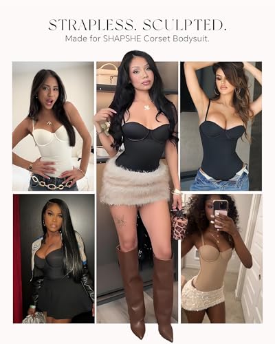 Image of SHAPSHE Strapless Shapewear Corset Bodysuit Tops for Women Tummy Control V Neck Thong Body Shaper Going Out Outfits