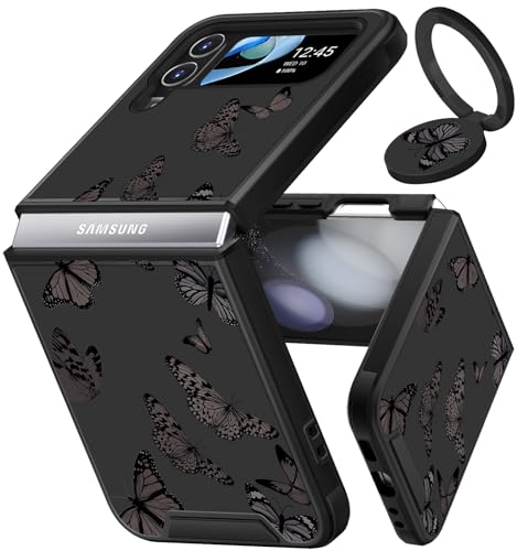 Funermei for Samsung Galaxy Z Flip 4 Case - Women Girls Cute Phone Cover Butterfly Pretty Aesthetic Girly Black Butterfly Design with Ring Stand Funda for Samsung Z Flip 4 Cases 6.7'' (2022)