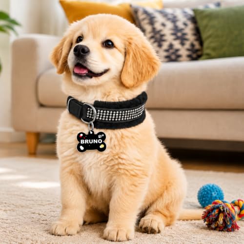 Image of Nylon Customized Dog Neck Belt Collar with Name ID Tag, Soft Fur Padded Dog Collar | for 36-45 Kilograms Dogs (XL, Black),10 Cm,5 Cm