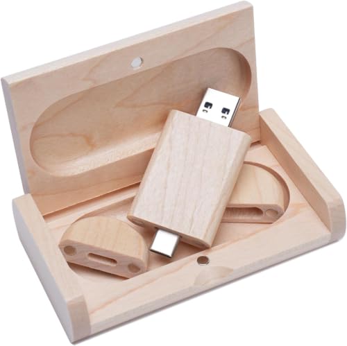 Yaxiny Clé USB C 128 Go, clé USB 3.0 haute vitesse, USB C Drive Dual OTG, boîte en bois d'érable pour TV, voiture, smartphones, PC, ordinateur portable