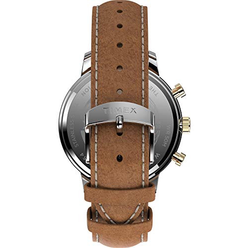 Image of Timex Men's Chicago Chronograph 45mm Watch - Blue Dial Two-Tone Case with Brown Leather Strap
