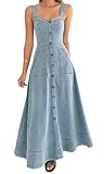chouyatou Women's Adjustable Strap Midi Long Denim Dress 2025 Button Down A-Line Swing Flowy Jean Dress (Medium, Light Blue)
