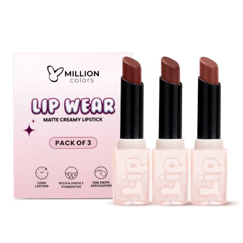 Image of Million Colors Lip Wear Creamy Matte Hydrating Lipstick Infused With Argan Oil, Shea Butter , Papaya Seed and Vitamin E| Highly Pigmented, Smudge-Proof and Creamy Matte Finish (The Everyday Nude, Pack of 3)