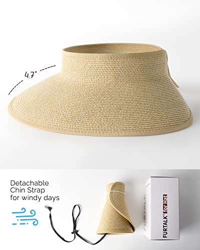 Image of FURTALK Womens Sun Hat with Ponytail Hole Wide Brim Beach Straw Visor | Foldable & Packable for Beach Vacations, Adjustable Fit for Messy Buns, Detachable Windproof Strap, Sweat-Wicking Inner Band