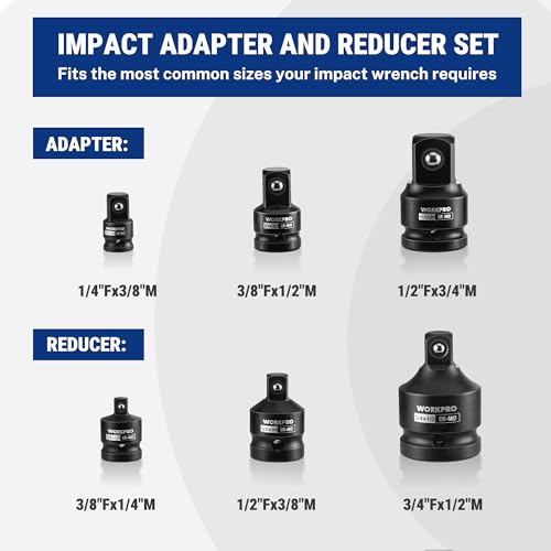 Image of WORKPRO 6-PC Impact Socket Adapter Set with Case, CR-MO Steel | 1 /4 inch,3 /8 inch,1 /2 inch,3 /4 inch Drive, Impact Wrench Conversion Kit, Automotive & Mechanical Repair, Impact Grade