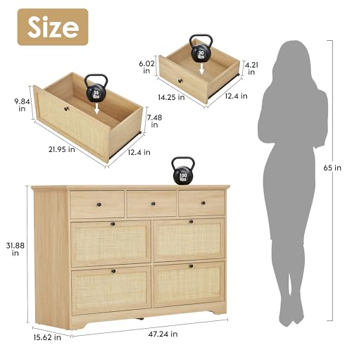 Brafab 47.2'' Rattan Dresser for Bedroom, 7 Drawer Mid-Century Natural Wood Dressers, Long Dresser TV Stand, Boho Closet Organizer Chests of Drawer - Image 2