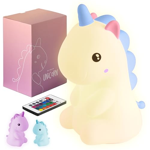 Madrigal Raibow Unicorn - Licorne - Veilleuse pour chambre d'enfant - USB-C rechargeable avec télécommande - Lumière multicolore et chaude - Silicone douce...