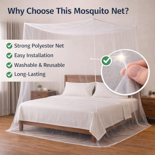 Image of Mosquito Net for Double Bed (6x6.5 ft) - Premium Square Design Polyester Machardani | Hanging Bed Netting for Home & Travel | Durable Insect, Fly & Bug Protection Screen (White)