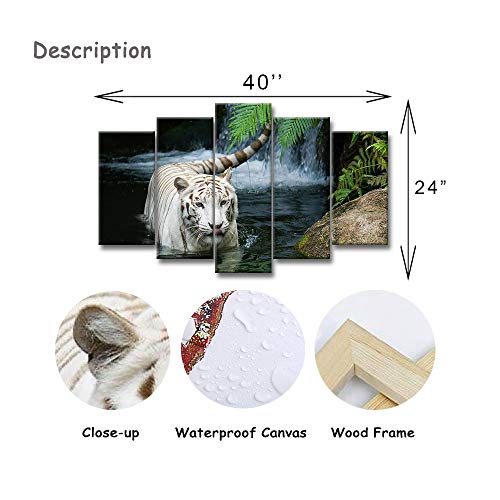 Vividhome 5 Panel Tiger Canvas Prints Wall Art White Tiger In Pond Giclee Artwork Wildlife Wall Theme Pictures In Gallery Wrapped Stretched And Ready To Hang For Living Room Decor #TOP5
