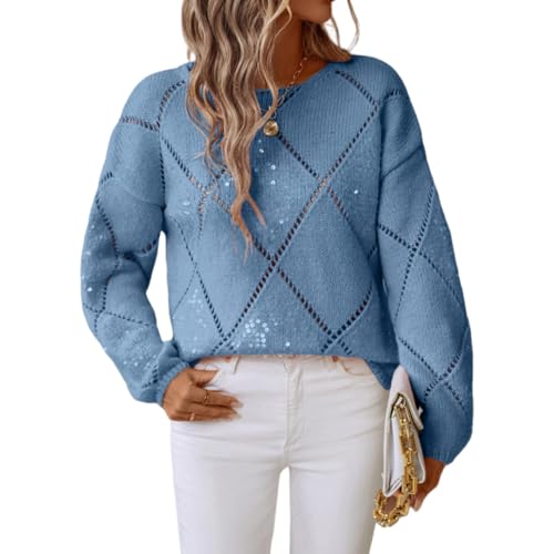 Image of Womens Crew Neck Crochet Long Sleeve Hollow Out Knit Sweaters Fashion Lightweight Loose Casual Sequin Pullover Tops (Blue,Medium)