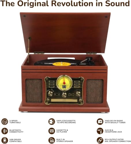 Image of FEKTIK Bluetooth Record Player 10 in 1, 3-Speed Turntable for Vinyl with Speakers, LP to MP3 Converter, CD, Cassette Player, FM Radio, Wireless Streaming | Mahogany