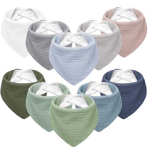 Susurration Muslin Baby Bibs 10Pack Soft Triangular Adjustable Baby Dribble Bandana Bibs with Adjustable Snaps for Unisex Baby Girls & Boys