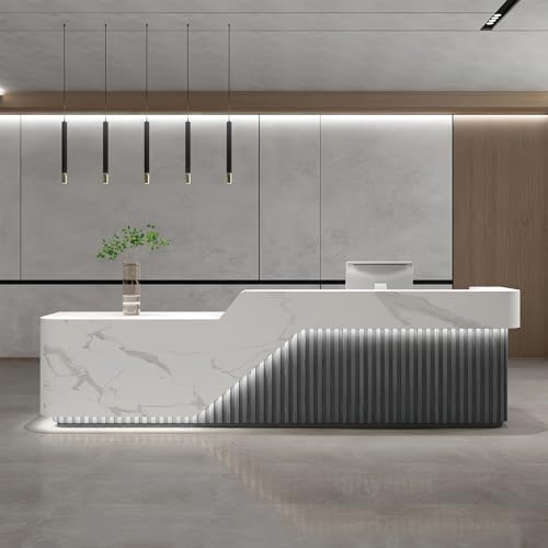 L Shape Reception Desk - Modern Front Desk with Counter and Hidden LED Light, No Assembly Required, Solid Wood Retail Counter- Perfect for Office, Checkout Counter & Retail Counter Use