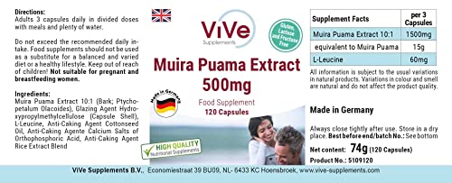 Muira Puama Extrakt 500mg Kapseln - 120 Kapseln - Vegan - HOCHWERTIGER 10:1 Extrakt - Hochdosiert | Qualität aus Deutschland von ViVe Supplements