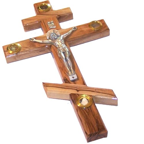 Holy Land Market Olive Wood Eastern Orthodox Cross - Hand Carved Brown Wooden Crucifix with Holy Land Samples, 10 in