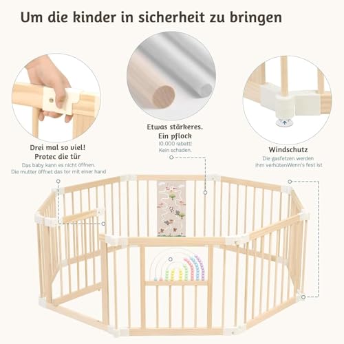 Baby Laufstall,Sicherer&Stabiler Großes Faltbares Babys Laufgitter, Holz Laufstall, nachhaltiger Laufstall Fröhliche Krabbelbereich für 1-3 Jahren Babys&Kleinkinder(146 * 146 * 61CM)