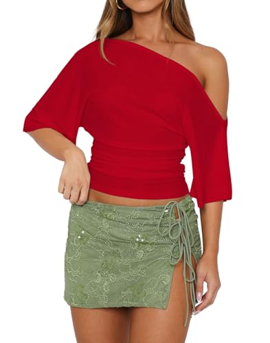 Image of LEEDYA Womens Summer Slim Fit Off Shoulder Shirts Y2K Clothes Batwing Sleeve Knit Top Ruched Elasticity T Shirts Red L