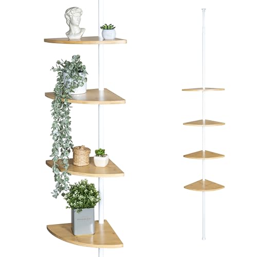 bremermann Estantería telescópica de pared con 4 estantes de bambú, versátil para salón, pasillo, baño, oficina o cocina. Altura de montaje variable de 140 a 290 cm