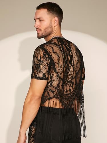WDIRARA Men's Floral Lace Mesh Fringe Hem Shirts Scoop Neck Short Sleeve Asymmetrical Design Shirt See Through Party Outfits2