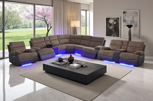 Image of Corduroy Power Recliner Sectional Sofa Set with LED Light,L Shaped Corduroy Sectional Set with 5 Recliner Seats,Modular Sofa and Loveseat with USB Port for Living Room Furniture