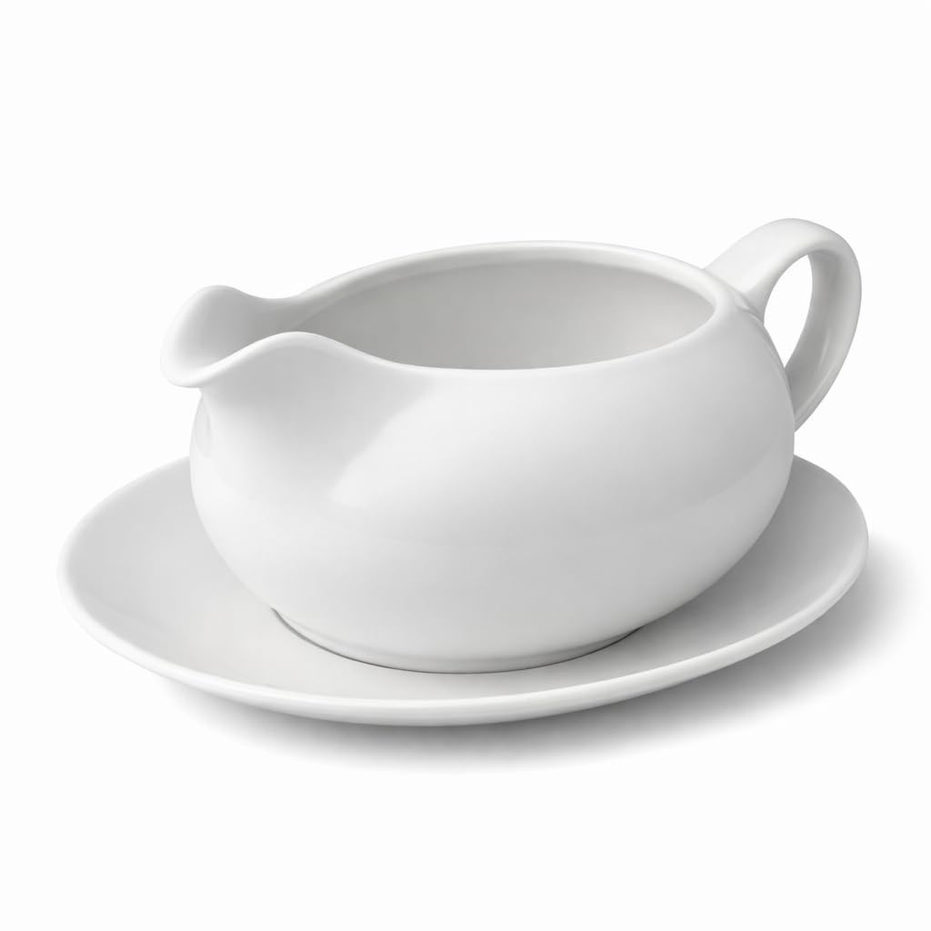 Concept4u White Porcelain Gravy Boat with Saucer 550ml Traditional Jug Creamer Custard Serving Boat for Salad Dressing, Broth & All Types of Kitchens โ image 1