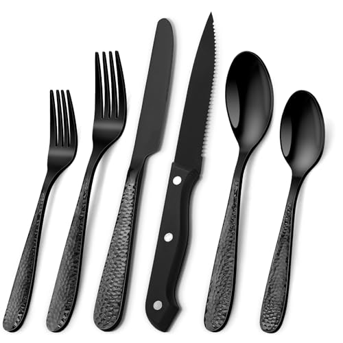 Hammered Silverware Set for 8, Heavy Duty 18/0 Black Flatware Set with Steak Knives, Aswwid 48 Pcs Stainless Steel Kitchen Cutlery Set Include Forks Spoons and Knives, Mirror Utensil Dishwasher Safe