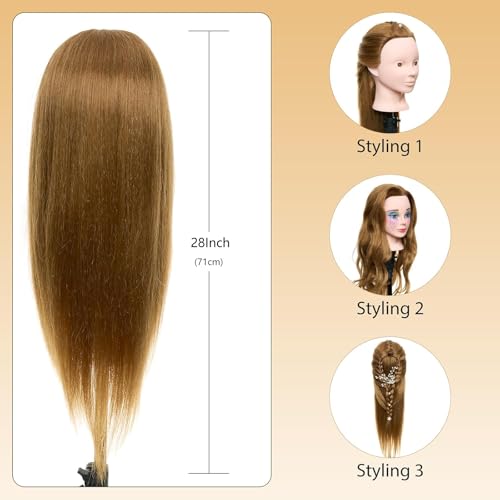 Image of 28 inch Mannequin Head with 80% Real Human Hair for Makeup Practice Head | Cosmetology Manikin Doll Head for Hair Styling, Hairdressing Training Head for Braiding withTable Clamp Styling Set