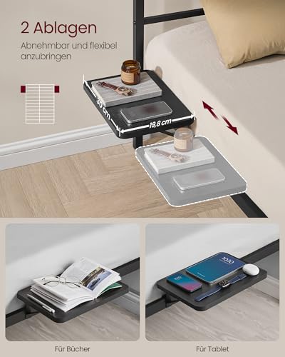 VASAGLE Einzelbettgestell, Bett, passend für 90 x 200 cm Matratze, Metallbett, Bettrahmen, mit Kopfteil, modern, mit Aufbewahrungsregalen, Gästebett, für Teenager, tintenschwarz RMB192BD01